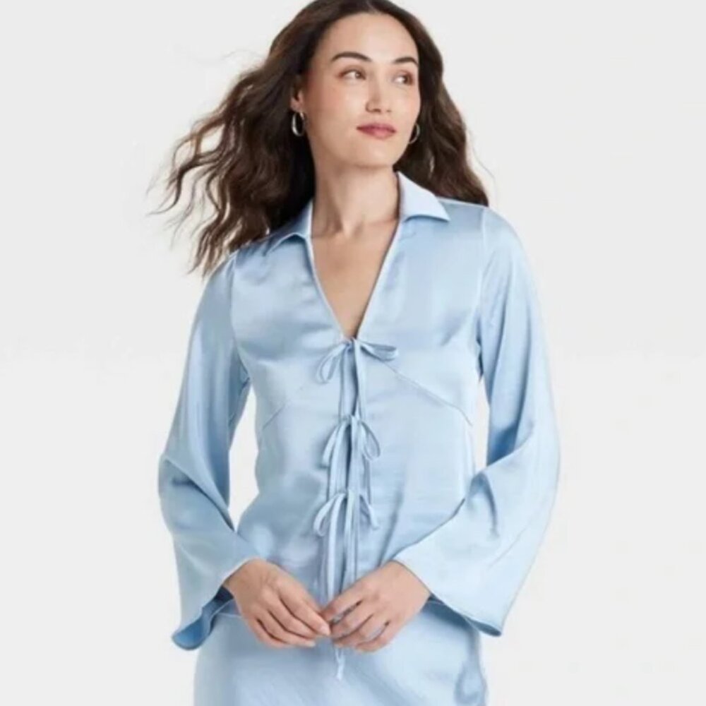 A New Day Women's Light Blue Satin Tie Front Blouse Small